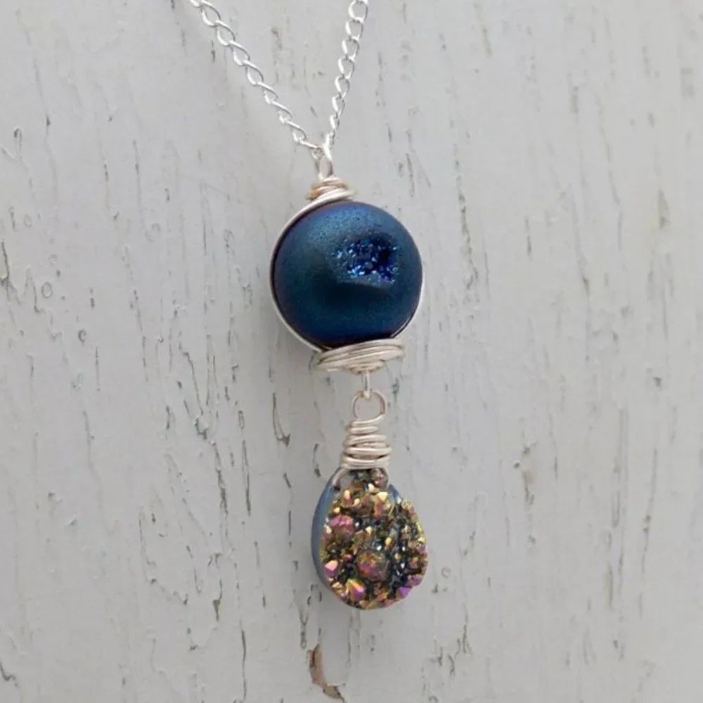 Agate Druzy Geode and Druzy teardrop Necklace